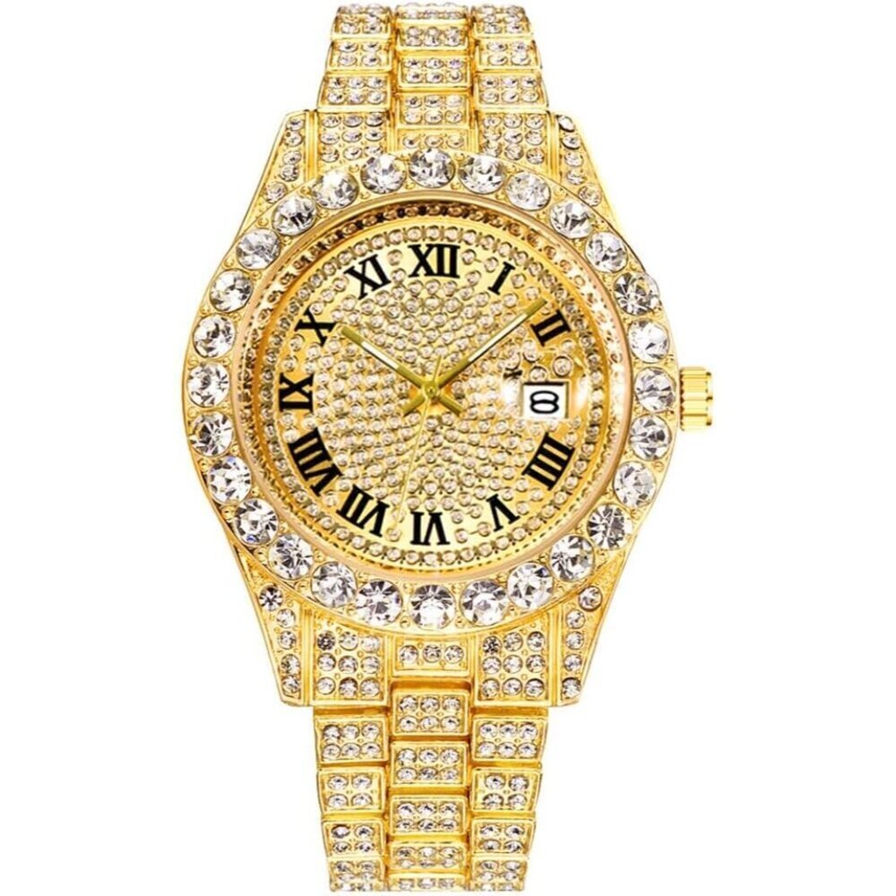 ✨ Hunruy Watches Men Gold Big Rocks Roman Numerals Fully Iced Out Dial Watch